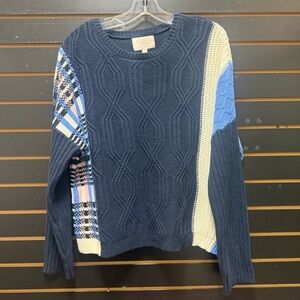 Audrey Parks Francesca’s Navy Mixed Cable Plaid Knit Sweater XL NWT